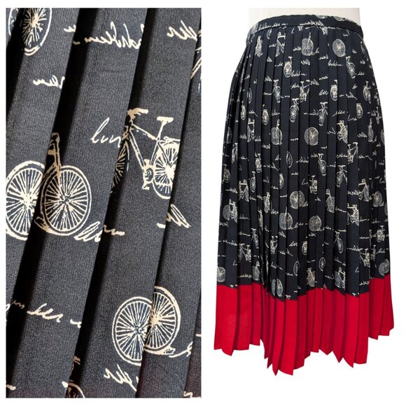 Tommy Hilfiger Womens Size 4 Black Red Trim Bicycle Print Pleated Short Skirt - Picture 1 of 10